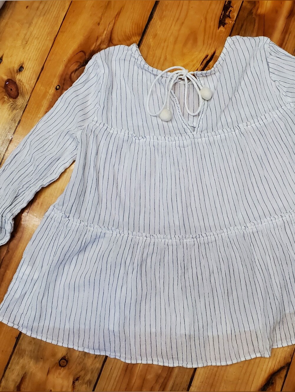 J.Crew Smocked Neck Textured Gauze Top | White Navy Pinstripe | 100% Cotton | - Picture 5 of 5